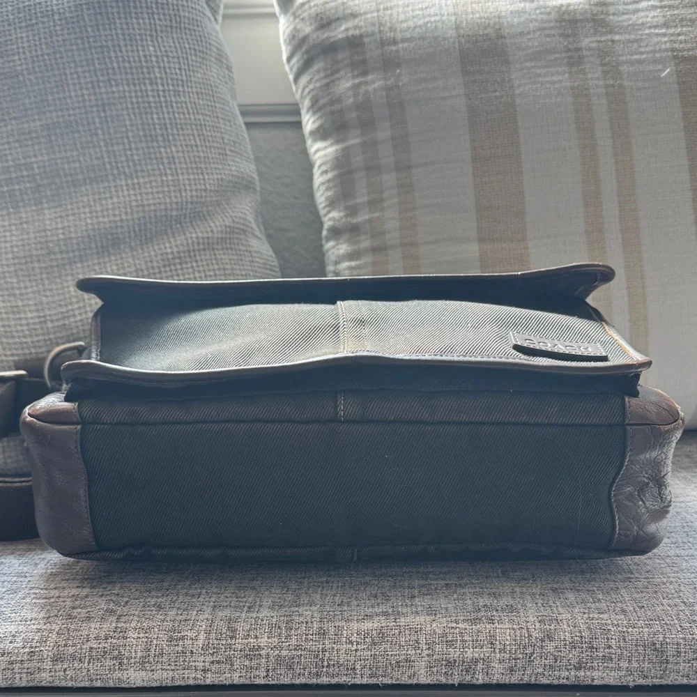 Coach Black Messenger Bag with Brown Leather Trimming & Brown Handle